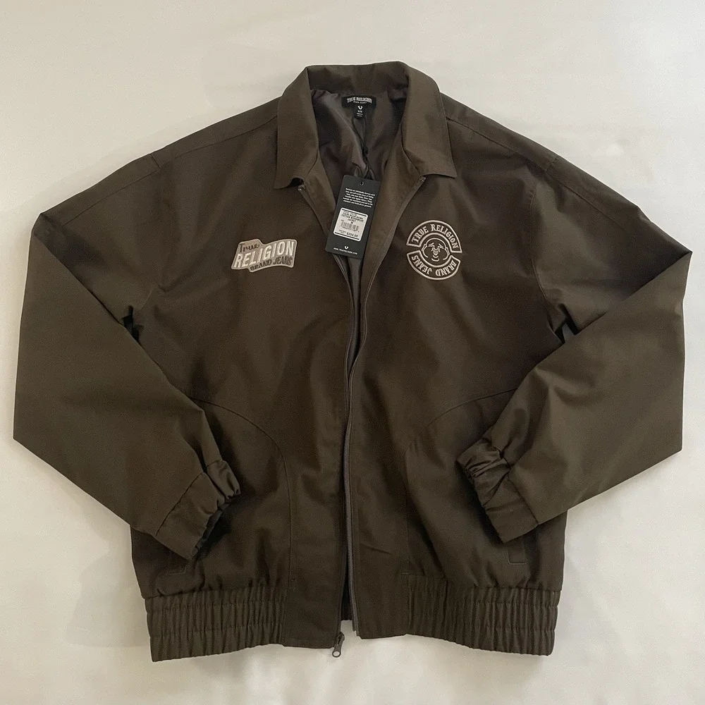 Men's True Religion Brown Casual Jacket M Full Zip Logo Embroidered Accents